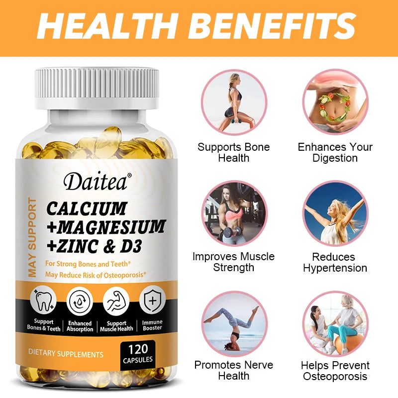 Calcium, Magnesium, Zinc + Vitamin D3 for Healthy Bones and Muscles,