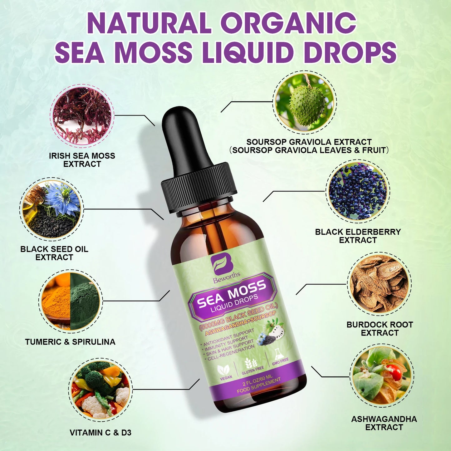 Sea MOSS& Soursop Extract Drops Support Immunity and Kidney Health,