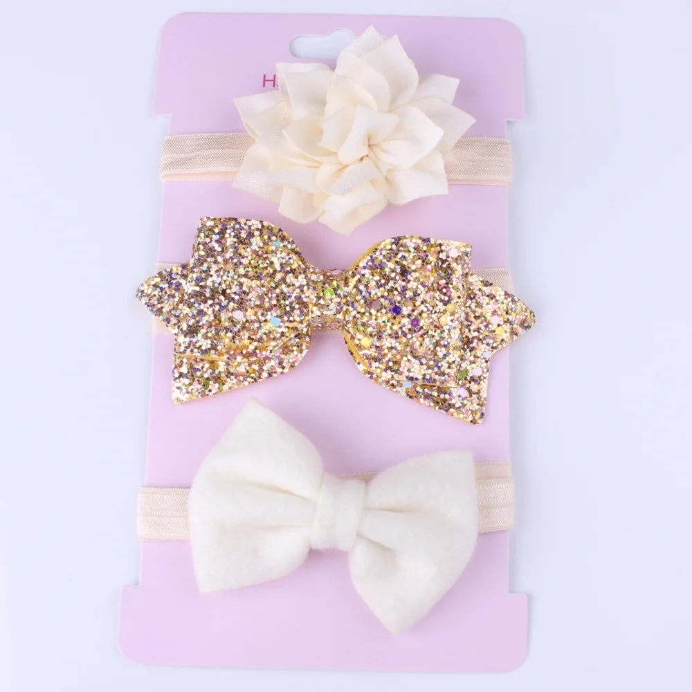 3PCS Baby Girls Glitter Bow Headband Set