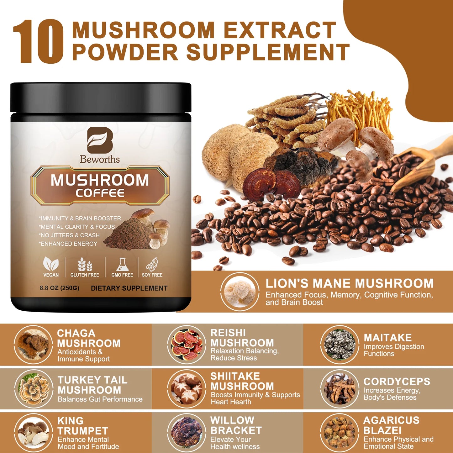 Mushroom Coffee 10 Mushroom Extract - for energy and immune support