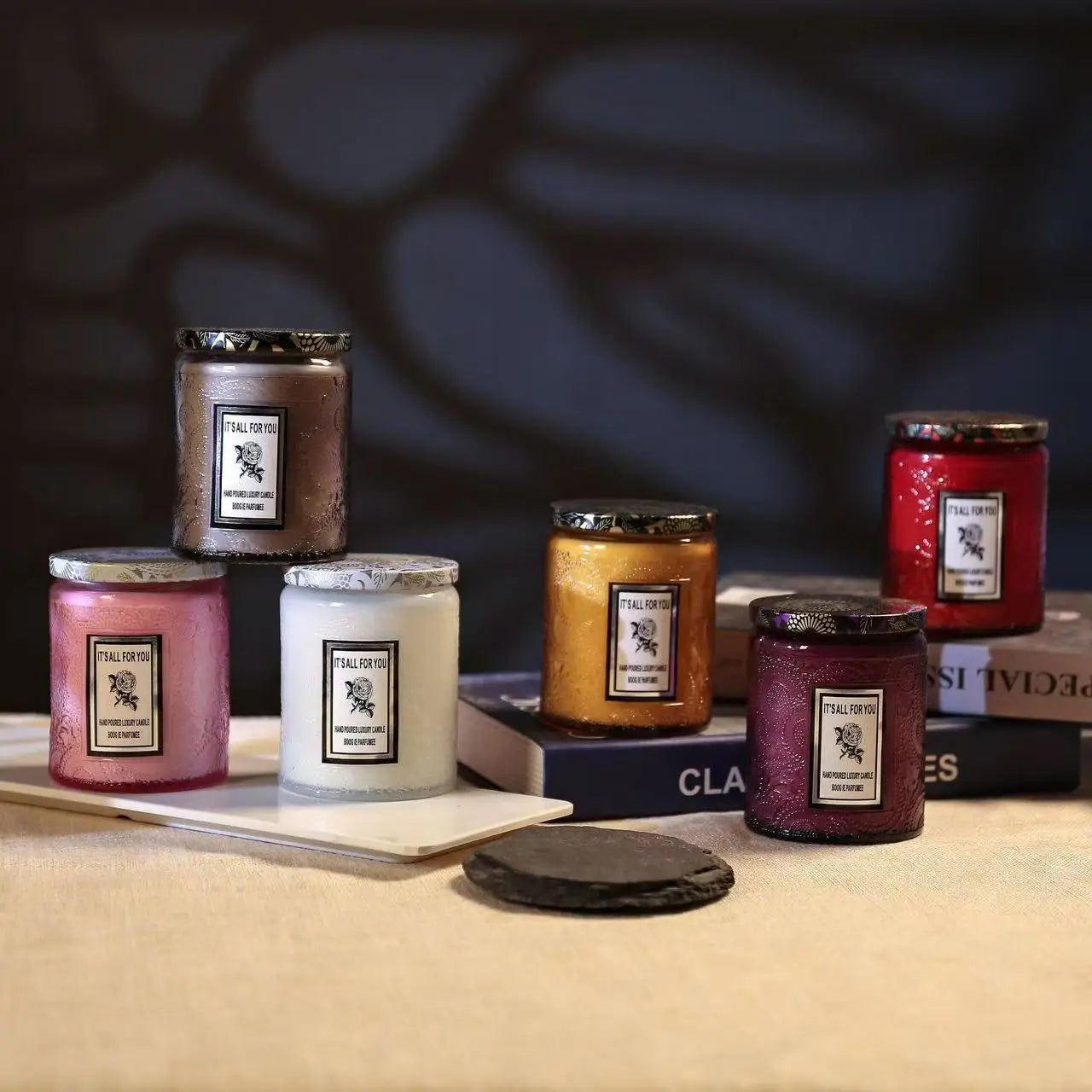 embossed glass cup candle.