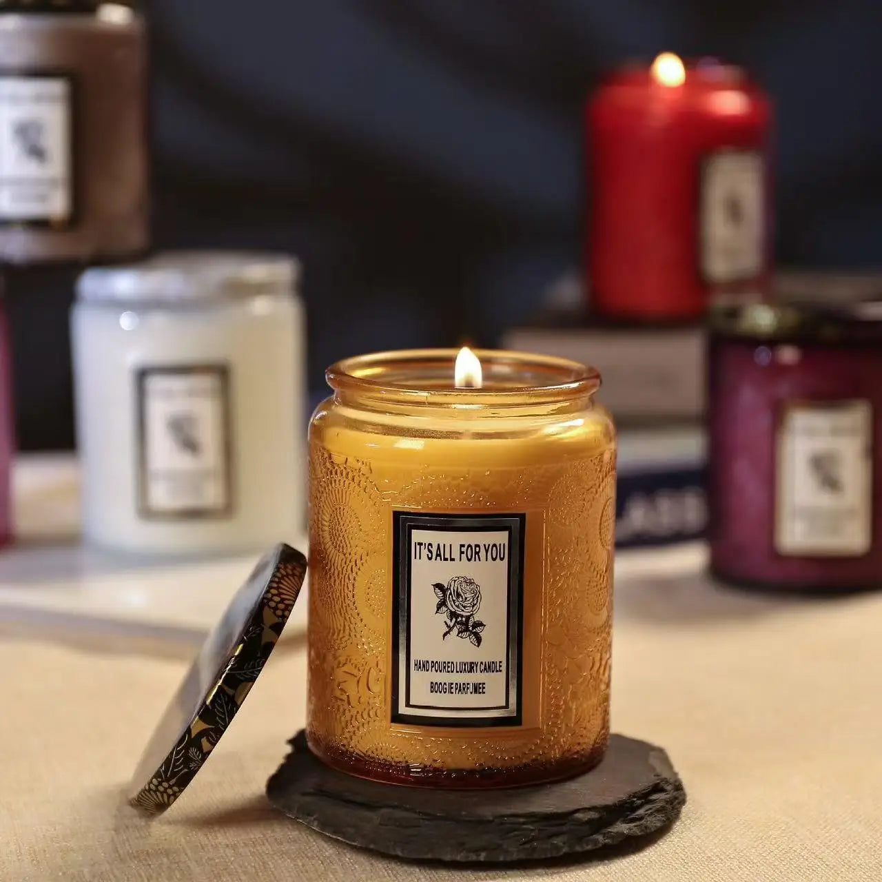 embossed glass cup candle.